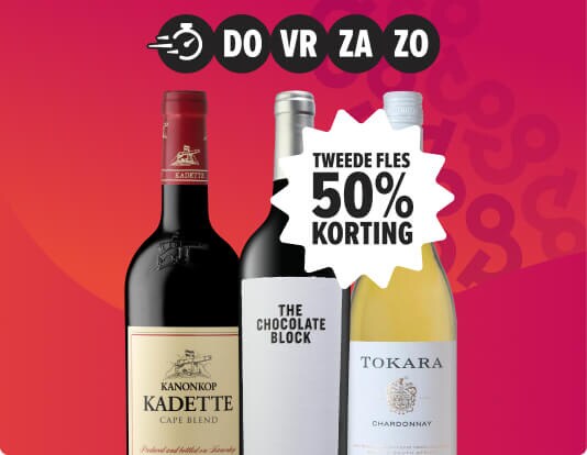 Zuid afrikaanse wijn weekenddeal tweede fles 50% korting